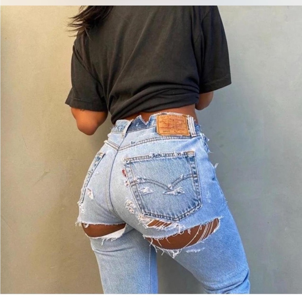 High-Rise Distressed Light Blue Women's Jeans - Cutout Back Detail